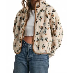 NEW WAVERLY GREY floral print fluffy fleece jacket in cream / khaki